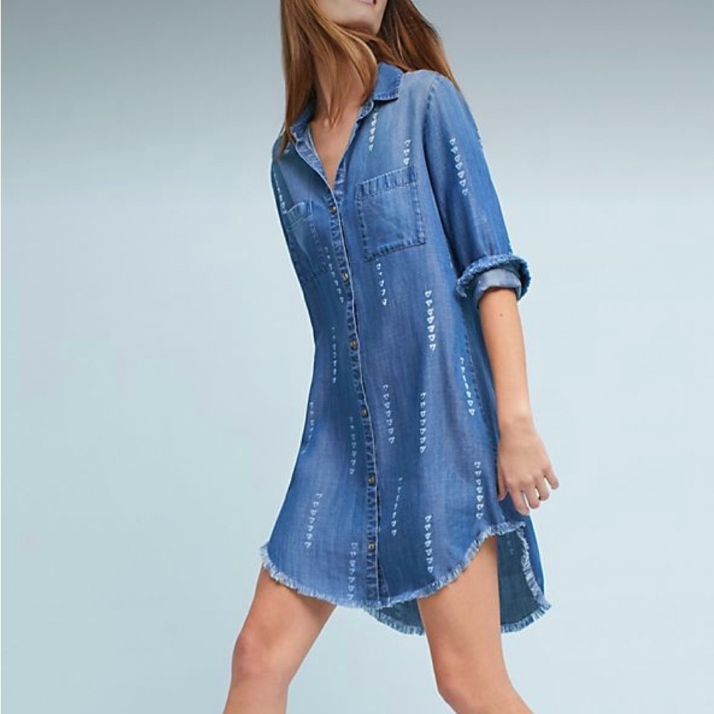Cloth & Stone Anthropologie raw hem denim shirt dress size. M